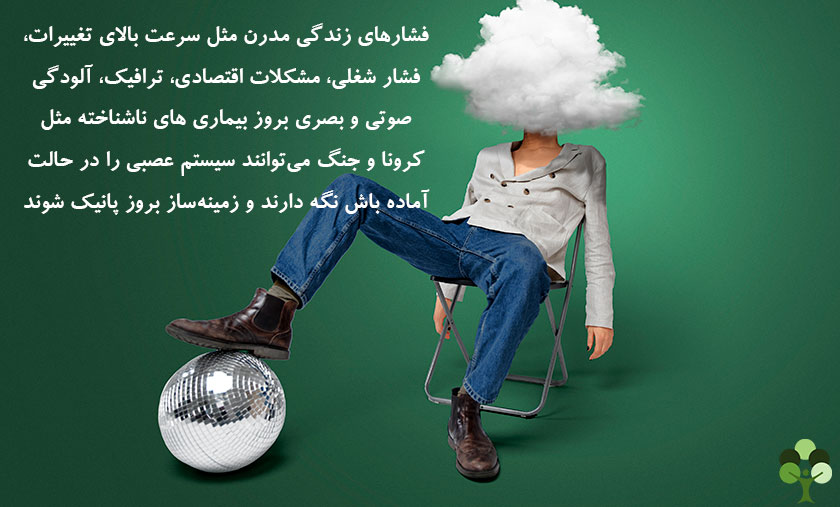 عکس نوشته درباره اینکه فشار های زندگی مدرن مثل سرعت بالای تغییرات فشار شغلی مشکلات اقتصادی و ترافیک و آلودگی صوتی و بصری بروز بیماری های ناشناخته مثل کرونا و جنگ می توانند سیستم عصبی را در حالت آماده باش نگه دارند و زمینه ساز بروز پانیک شوند