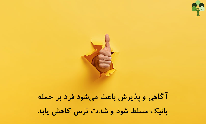 عکس نوشته درباره اینکه آگاهی و پذیرش باعث می شود فرد بر حمله پانیک مسلط شود و شدت ترس کاهش یابد