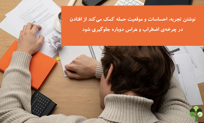 عکس نوشته درباره اینکه نوشتن تجربه و احساسات و موقعیت حمله کمک می کند از افتادن در چرخه اضطراب و هراس دوباره جلوگیری شود