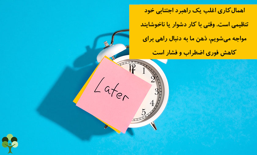 عکس نوشته درباره اینکه اهمال کاری اغلب یک راهبرد اجتنابی خود تنظیمی است. وقتی با کار دشوار یا ناخوشایند مواجه می شویم ذهن ما به دنبال راهی برای کاهش فوری اضطراب و فشار است