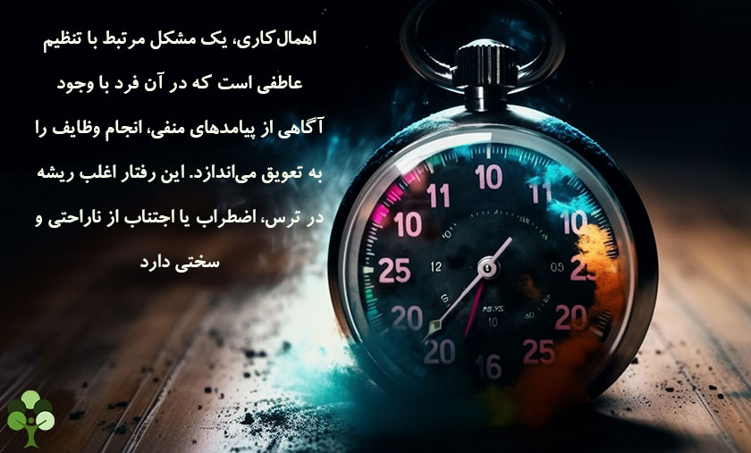 عکس نوشته درباره اینکه اهمال کاری یک مشکل مرتبط با تنظیم عاطفی است که در آن فرد با وجود آگاهی از پیامد های منفی انجام وظایف را به تعویق می اندازد. این رفتار اغلب ریشه در ترس اضطراب یا اجتناب از ناراحتی و سختی است
