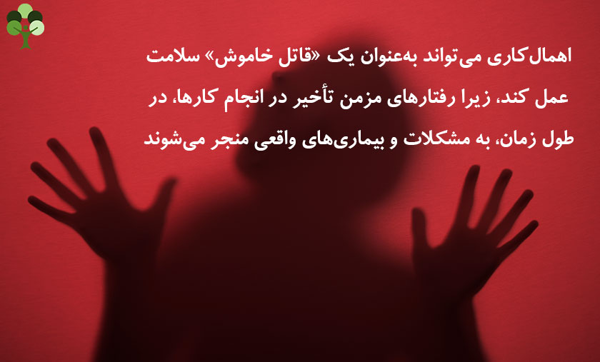 عکس نوشته درباره اینکه اهمال کاری می تواند به عنوان یک قاتل خاموش سلامت عمل کند زیرا رفتارهای مزمن تاخیر در انجام کارها در طول زمان به مشکلات و بیماری های واقعی منجر می شوند