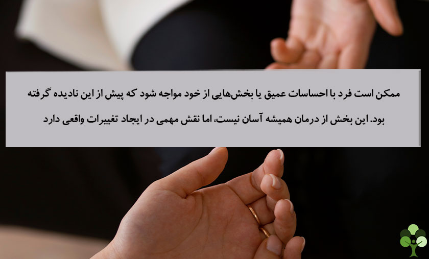 عکس نوشته درباره اینکه ممکن است فرد با احساسات عمیق یا بخش هایی از خود مواجه شود که پیش از این نادیده گرفته بود . این بخش از درمان همیشه آسان نیست اما نقش مهمی در ایجاد تغییرات واقعی دارد 