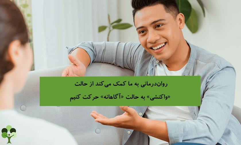 عکس نوشته درباره اینکه روان درمانی به ما کمک می کند از حالت واکنشی به حالت آگاهانه حرکت کنیم